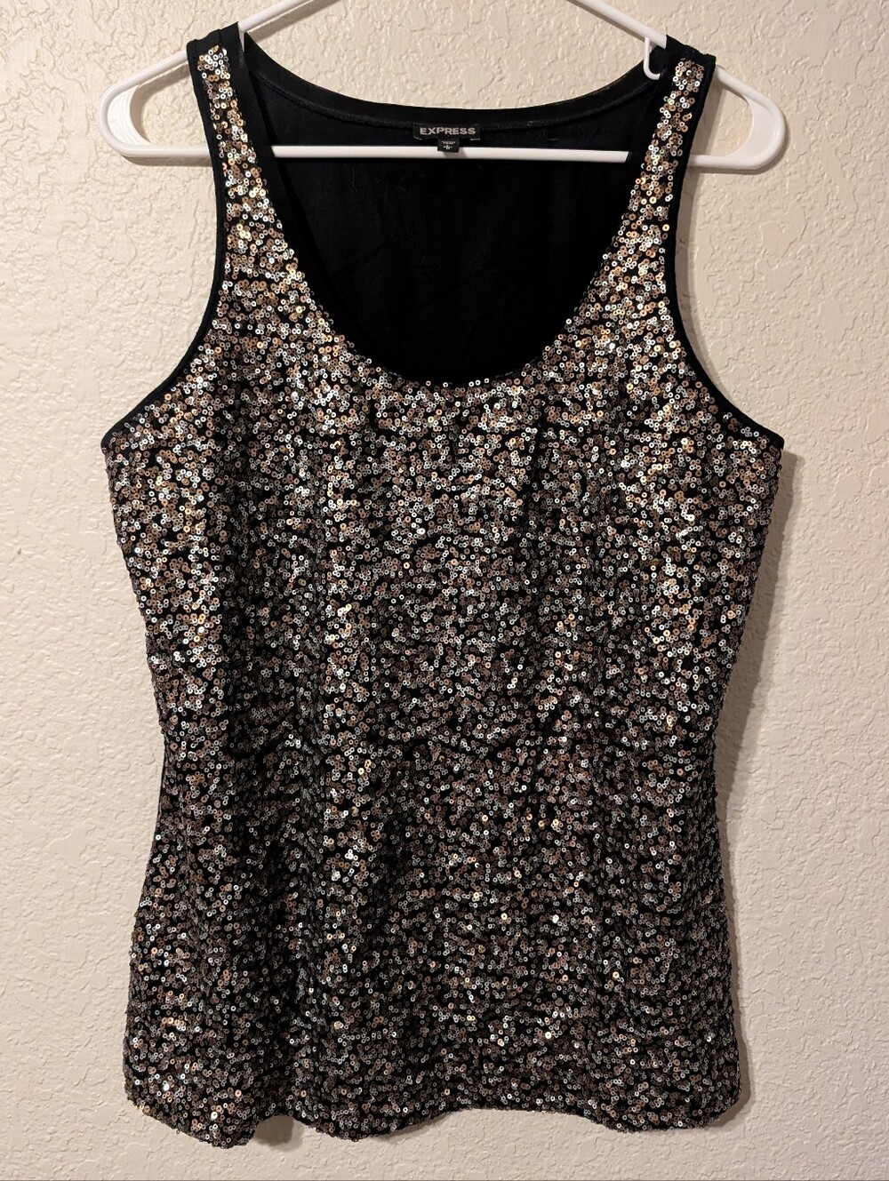 Express Gold & Silver Sequin Black Tank Scoop Neck, Size Large